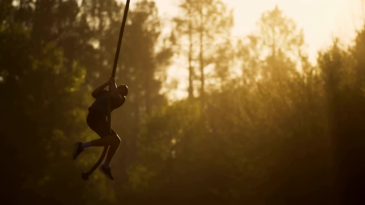 La silhouette scura di una persona si muove su un'altalena di corda in un'area boschiva mentre la luce del sole filtra tra gli alberi, mostrando un delicato movimento oscillatorio, un bagliore caldo e una composizione forestale stratificata da un punto di vista laterale.