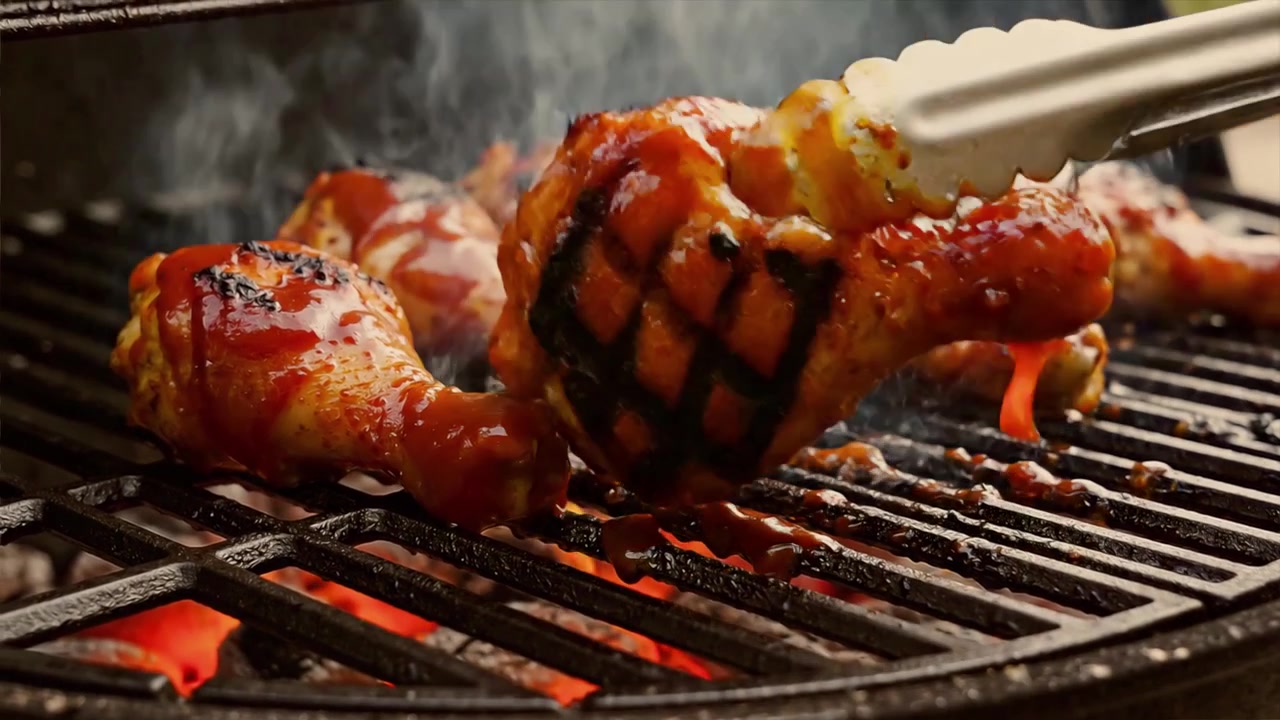 Fusi di pollo glassati al barbecue che cuociono su fiamme vive
