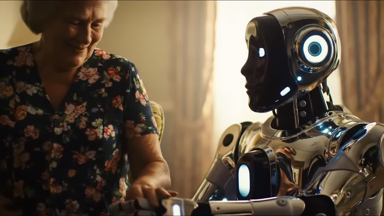 An Emotional Interaction Between a Futuristic Robot and an Elderly Woman, Highlighting the Connection Between Technology and Humanity in a Cozy Living Room Setting