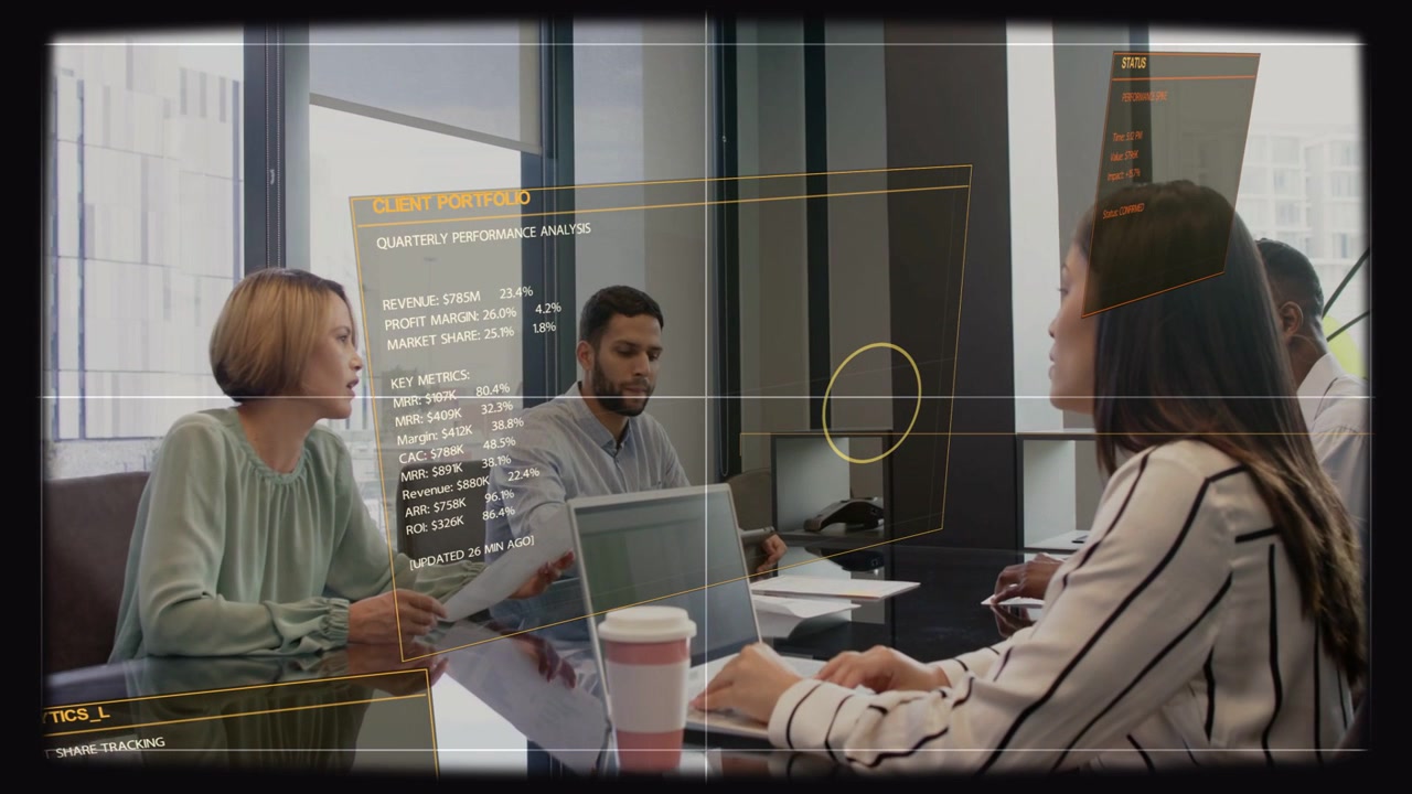 Vertical video: Team business meeting reviewing docs, laptop sparking HUD charts for client metrics