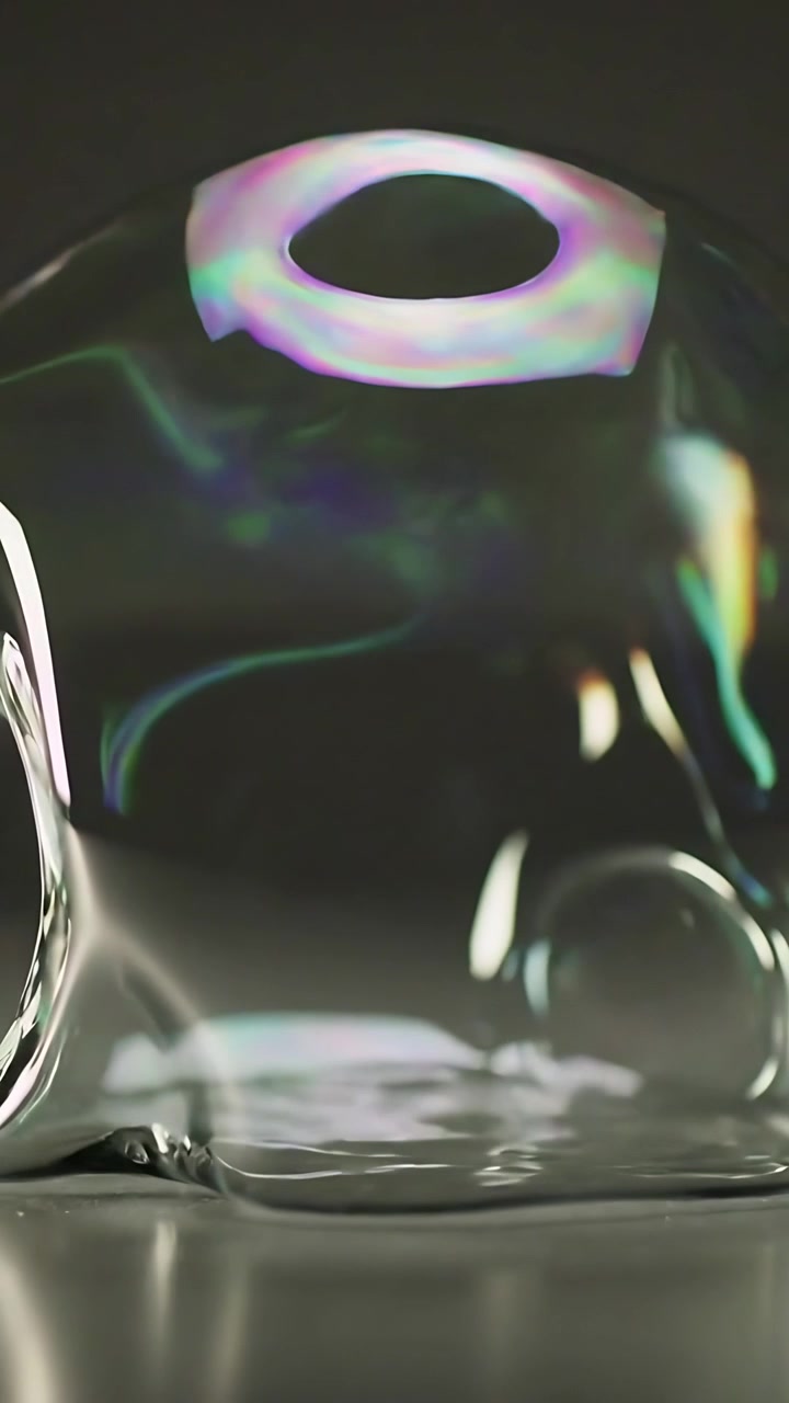 Vertical video: Draining film causing soap bubble on table bulge shift hue and collapse under light