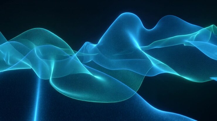 Nastri scintillanti con bagliore interno che scorrono in uno spazio 3D astratto, mostrando una griglia con nodi illuminati che aggiungono profondità.