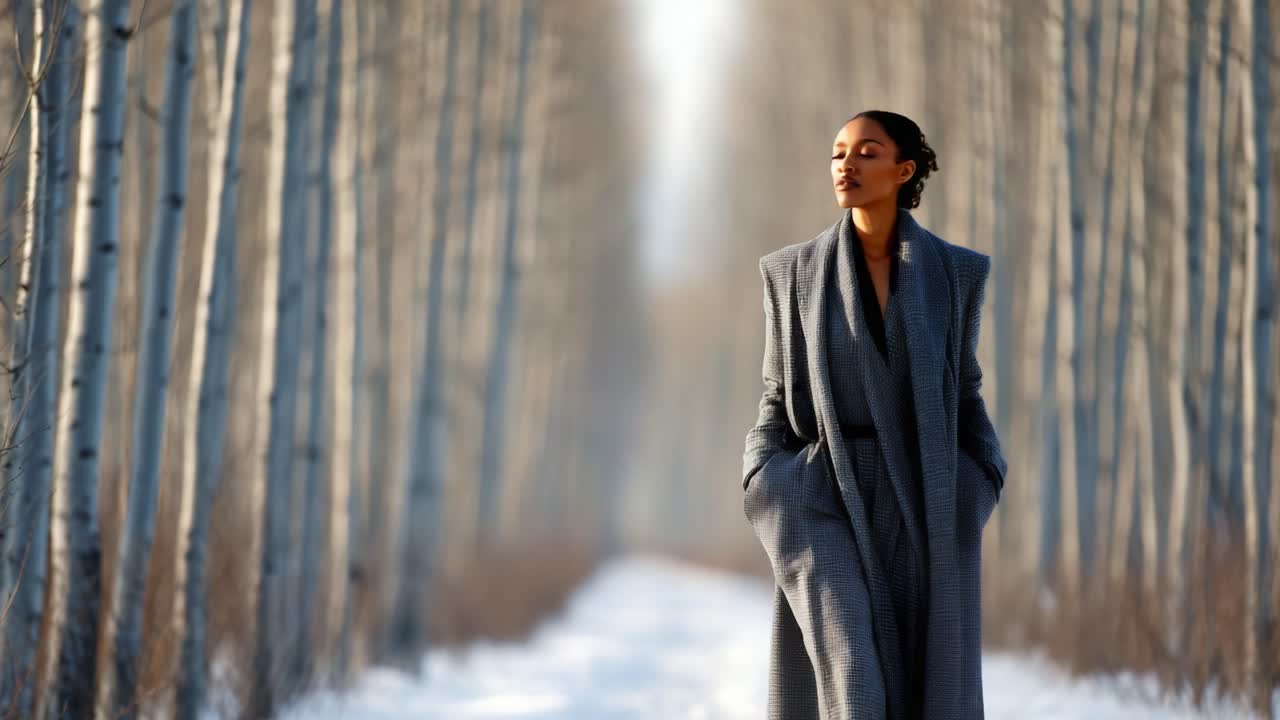 A graceful woman in a stylish gray coat walking along a serene snowy path lined with trees, exemplifying peace and elegance in a winter wonderland