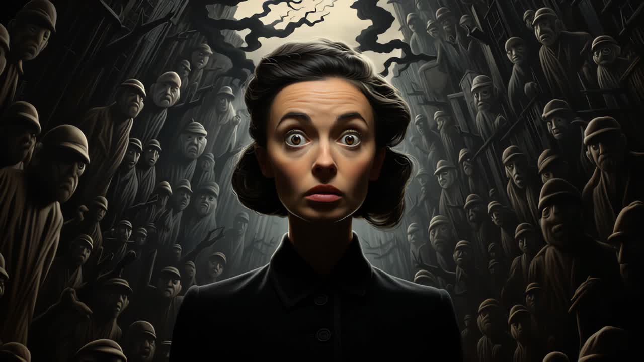 Eerie woman surrounded by ghostly spectators