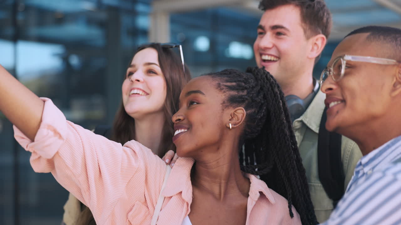 estudiantes, amigos y selfie en la universidad