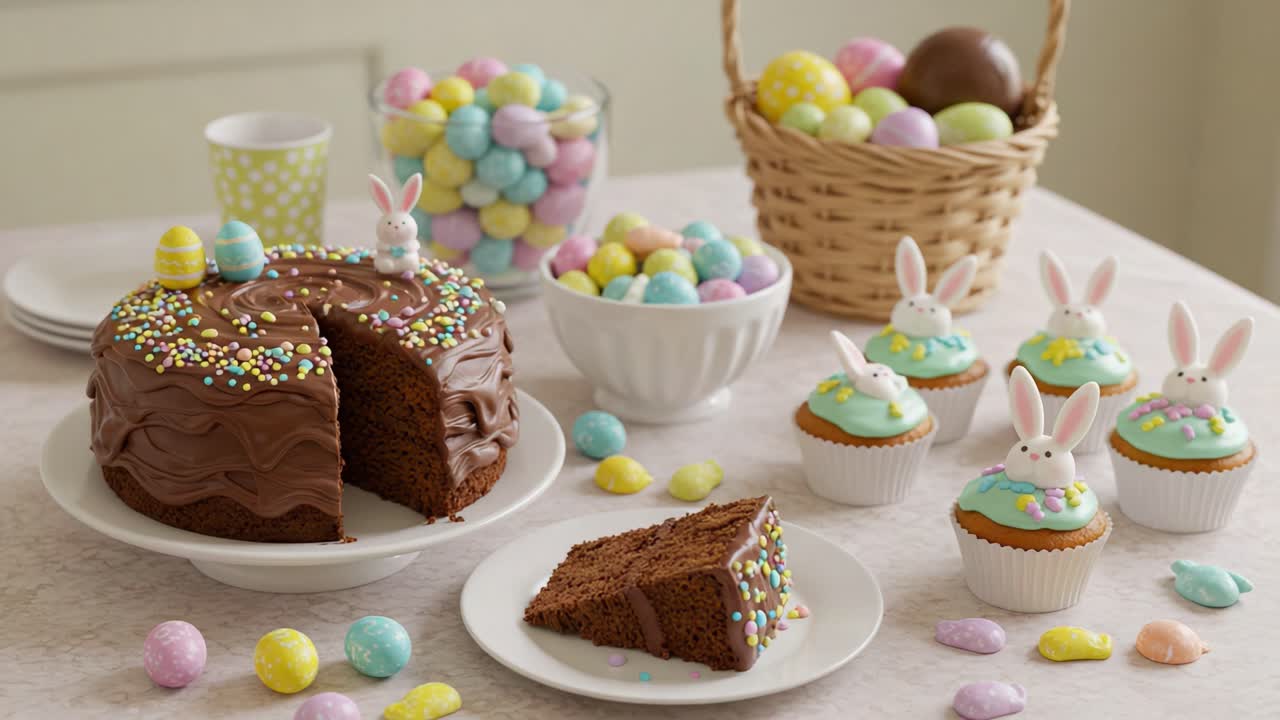 Colorful Easter Treats Display Featuring Chocolate Cake, Adorable Bunny Cupcakes, and Decorative Candy Eggs Perfect for Celebrating Spring Gatherings and Festivities