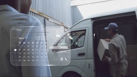 animation of digital interface with calendar and data processing over caucasian delivery man