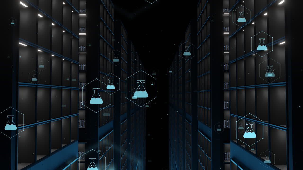 animación de la red de iconos médicos y procesamiento de datos