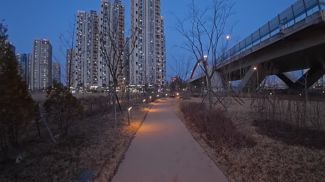 Twilight View Along Paved Path At Songdo Moonlight Festival Park In Incheon, South Korea. POV, wide shot