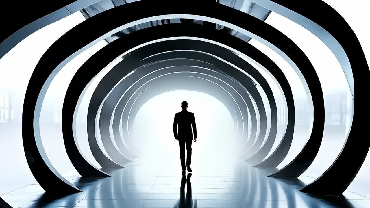 un hombre en un traje caminando por un túnel