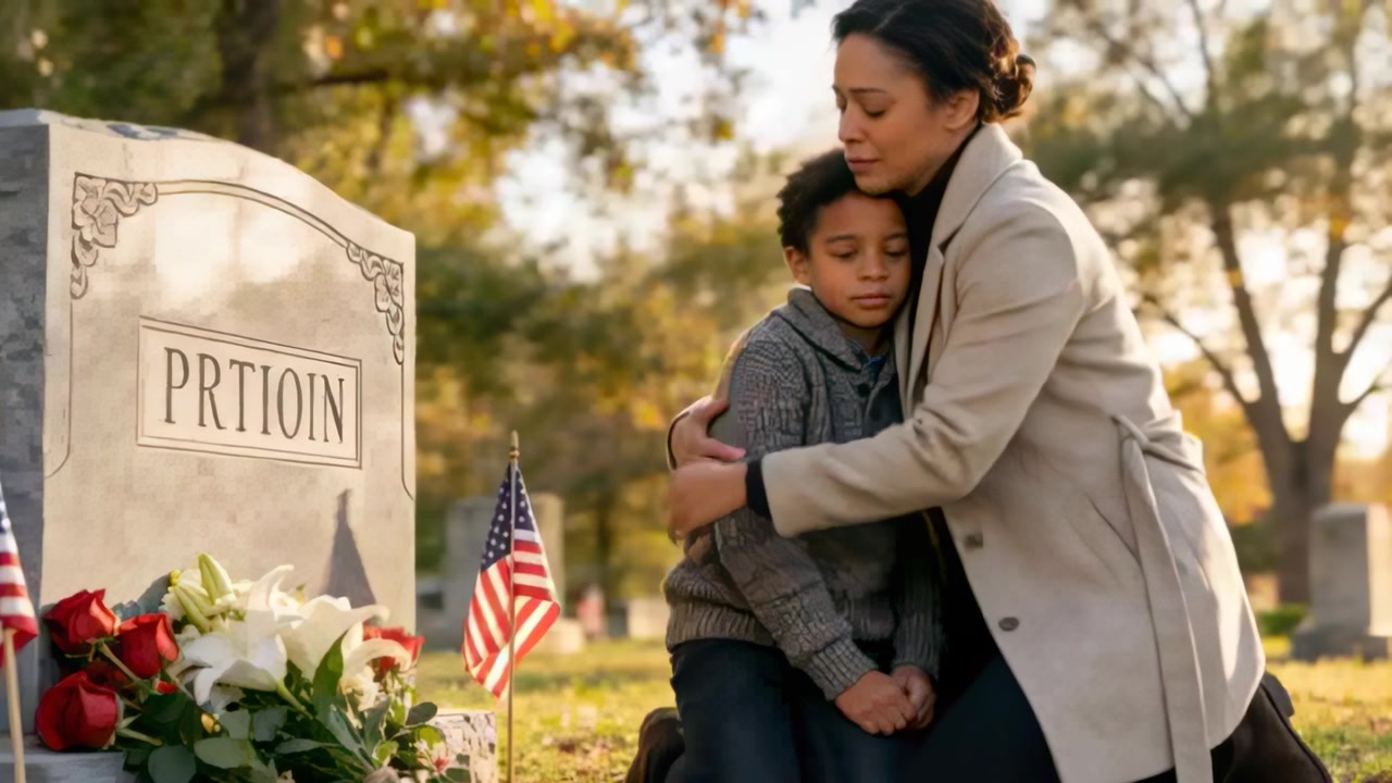 Seeing PRTION stone, kneeling mother in light coat hugging son, consoling at grave with roses flags