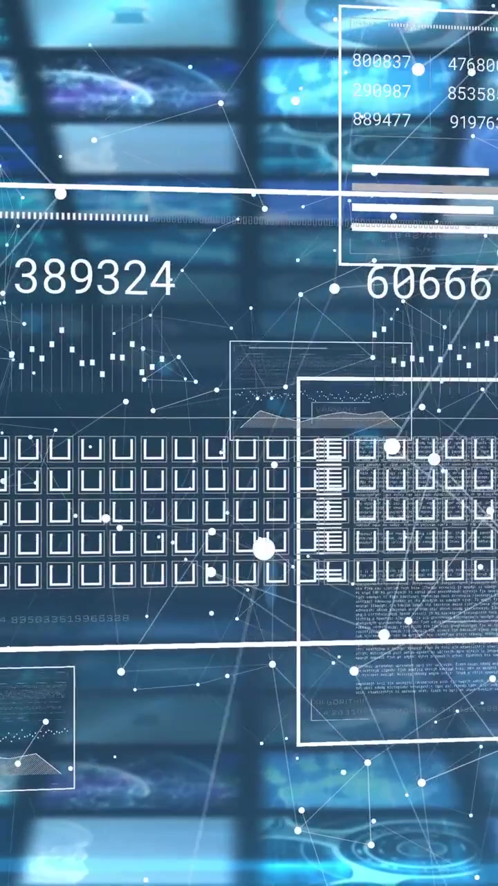 Vertical video: Outlines appearing, HUD expanding, nodes linking, numbers updating for operations