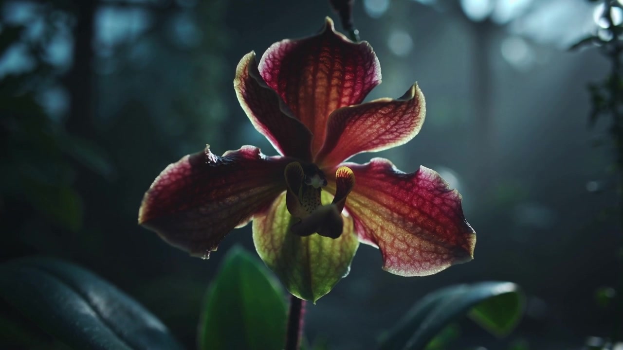 Un fiore di orchidea in serra che rivela le venature con la retroilluminazione che cambia e i petali mossi dalla brezza.