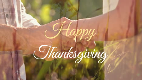 animation of happy thanksgiving text banner against mid section of senior couple holding hands