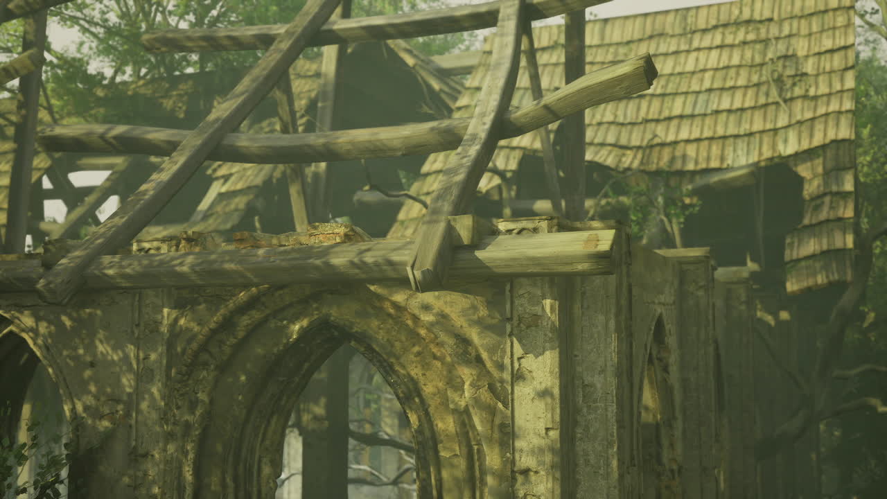 Templo gótico en ruinas rodeado de musgo exuberante y esporas parpadeantes