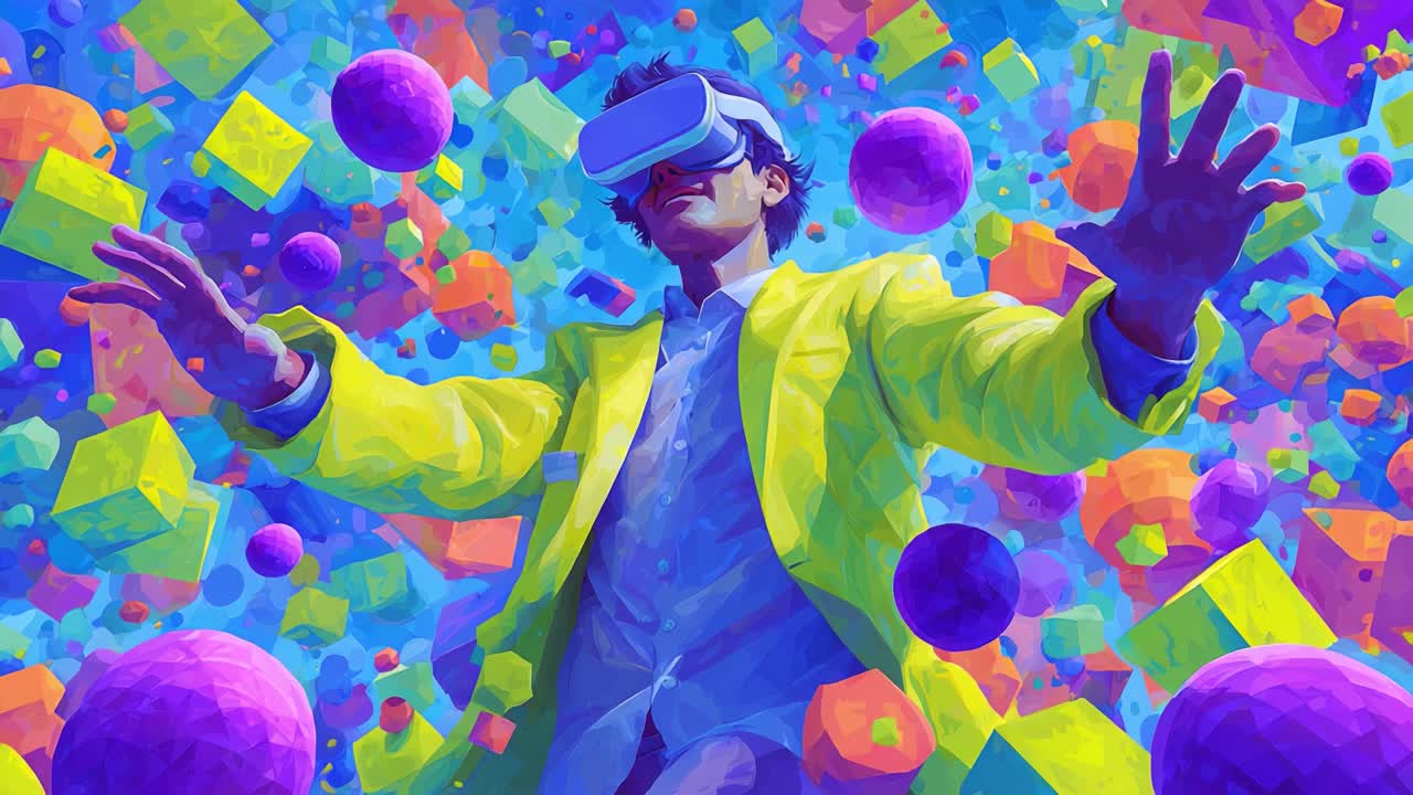 A vibrant explosion of colors surrounds an individual immersed in a virtual reality experience, showcasing a mesmerizing blend of geometric shapes and playful spheres, highlighting the future of interactive technology