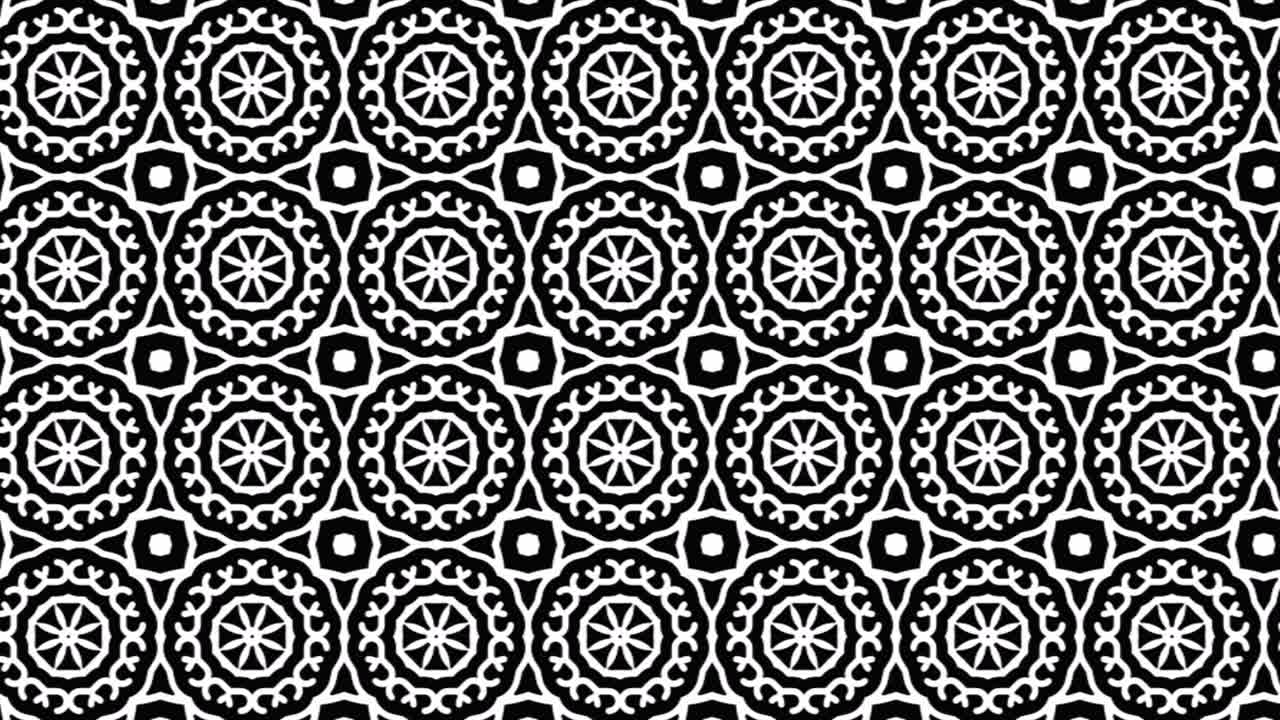 Black and White Seamless Circular Pattern with Starburst and Swirl Motifs for Animation Slides and Textile Design