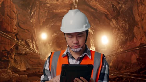 close up of asian male engineer with safety helmet working on a tablet while standing in underground mine tunnel