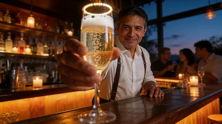 La telecamera si allontana mentre il barman in camicia bianca offre un flûte di champagne al bar, accogliendo i clienti.