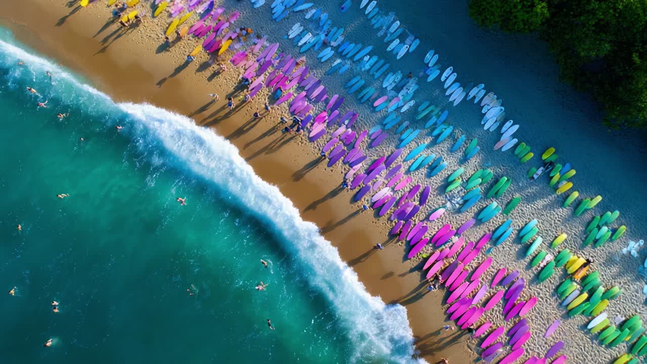 Aerial View of Colorful Surfboards on a Tropical Beach