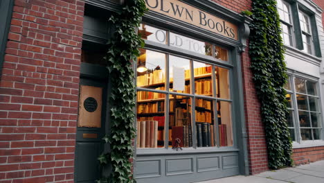 old bookstore window display with shelves of books