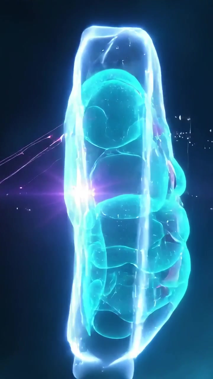 Vertical video: Pulsing pink light sparking brain-shell rotating in dark 3D space showing paths