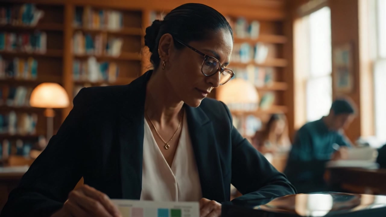 Focused Woman Analyzing Color Samples at a Library Workstation in a Cozy Environment, Engaging with Color Theory and Design Aesthetics Amidst Other Students