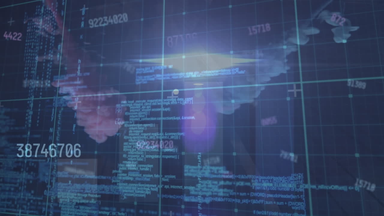 Animation of numbers, graphs over computer language against multicolored smoke on black background