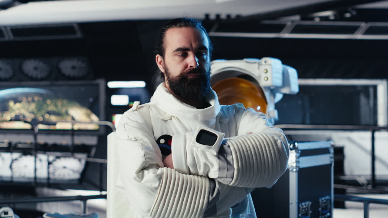 Astronaut waves hand, communicating with command center to share discoveries