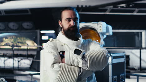 astronaut waves hand, communicating with command center to share discoveries