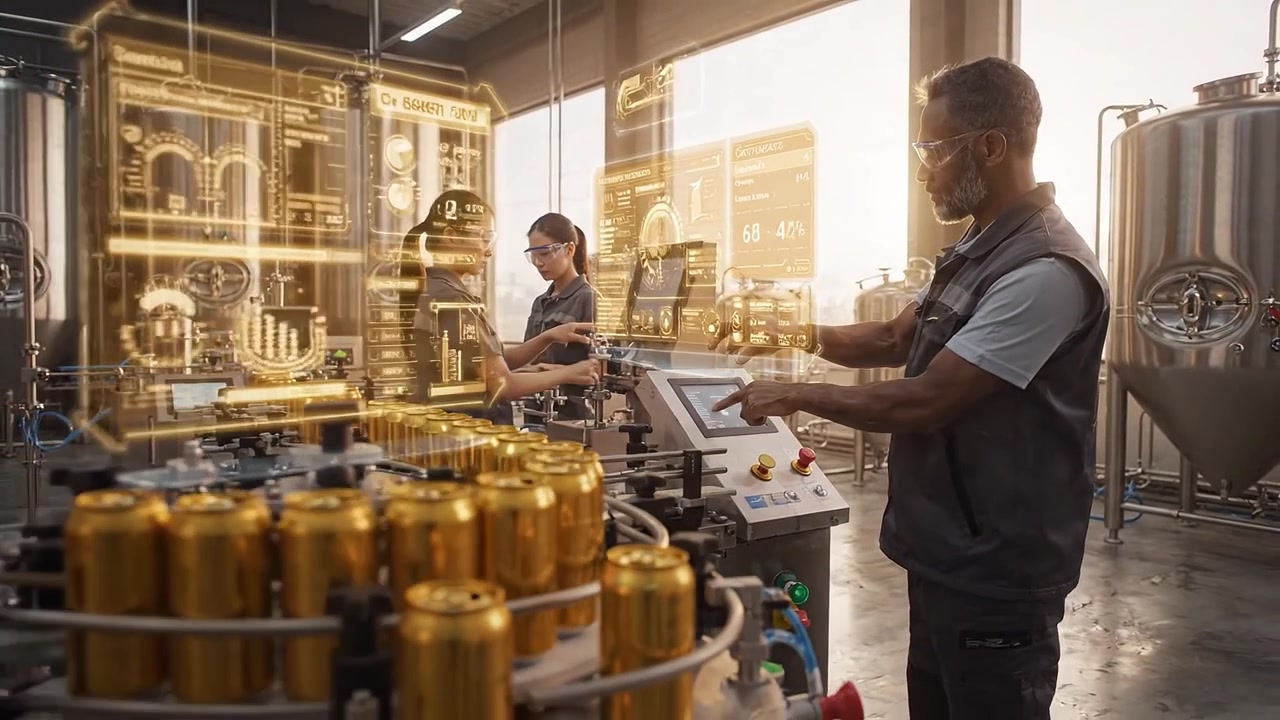 Trabalhadores de Fábrica Usando Displays Holográficos para Monitorar a Linha de Produção