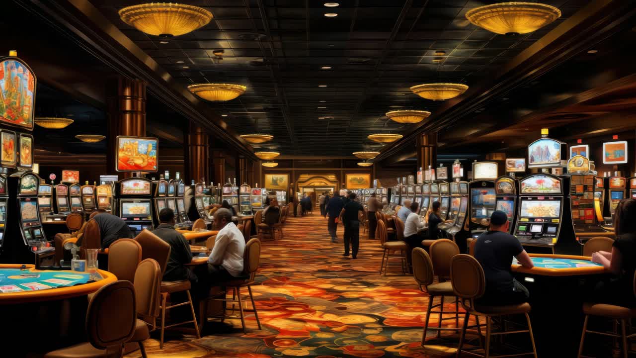 Ripresa grandangolare di una vivace sala da casinò con slot machine e tavoli da gioco, che cattura l'atmosfera vibrante