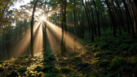 rayos de sol en un bosque de niebla