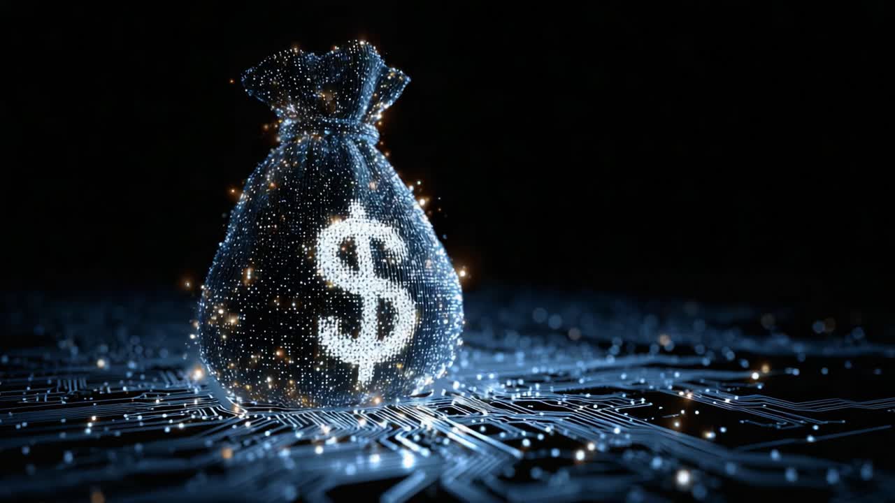A Glowing Digital Money Bag on a Circuit Board, Symbolizing Wealth, Financial Technology, and the Intersection of Finance with Innovative Digital Solutions