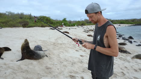 male tourist holding boom pole to record sea lions audio on on playa punta beach at san cristobal island