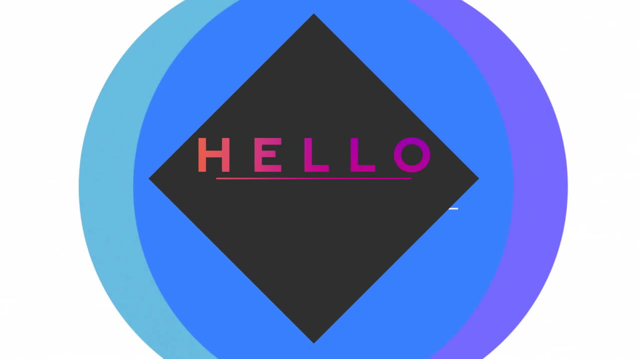 HELLO text animation over colorful geometric shapes