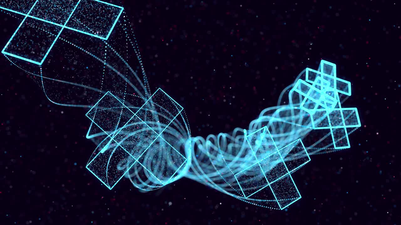 Abstract glow particles form 3d object in space. Crosses. Vj loop as bg of virtual digital space. Particles form holoram shape as concept of big data, network or vr space. Sci-fi motion design bg