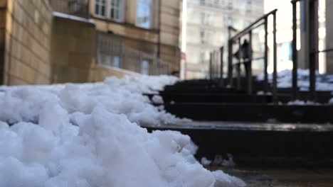 snowy, frozen steps outside, person approaches and descends, sheffield