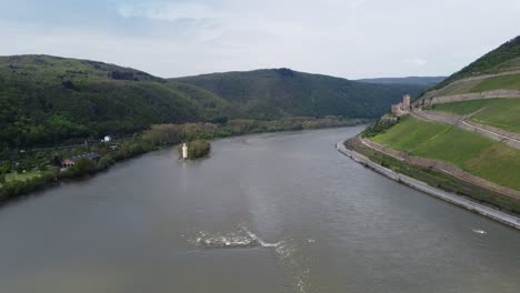 hillside ehrenfels castle and mouse tower in middle rhine valley, germany