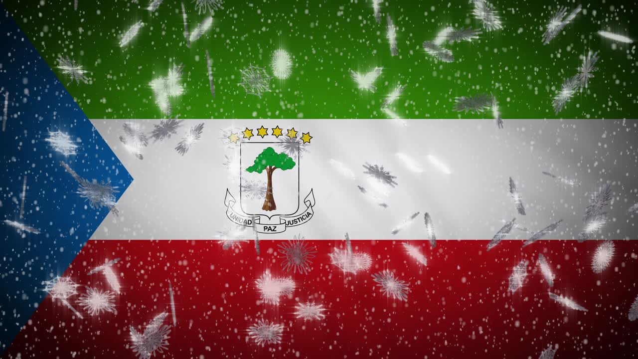 Equatorial Guinea flag falling snow loopable, New Year and Christmas, loop