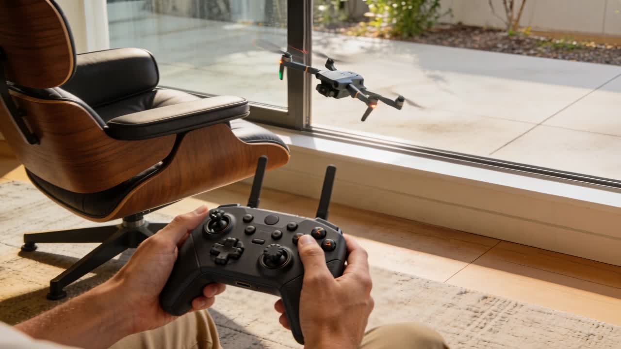 Uomo che pilota, inserendo input con il controller vicino a una parete di vetro, guidando un drone verso la telecamera, esercitandosi nel volo.