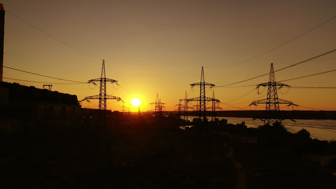 Electricity transmission lines. Distribution electric substation with power lines