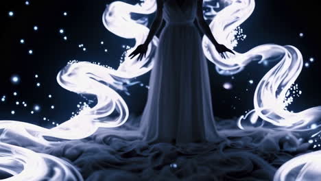 glowing woman in white dress