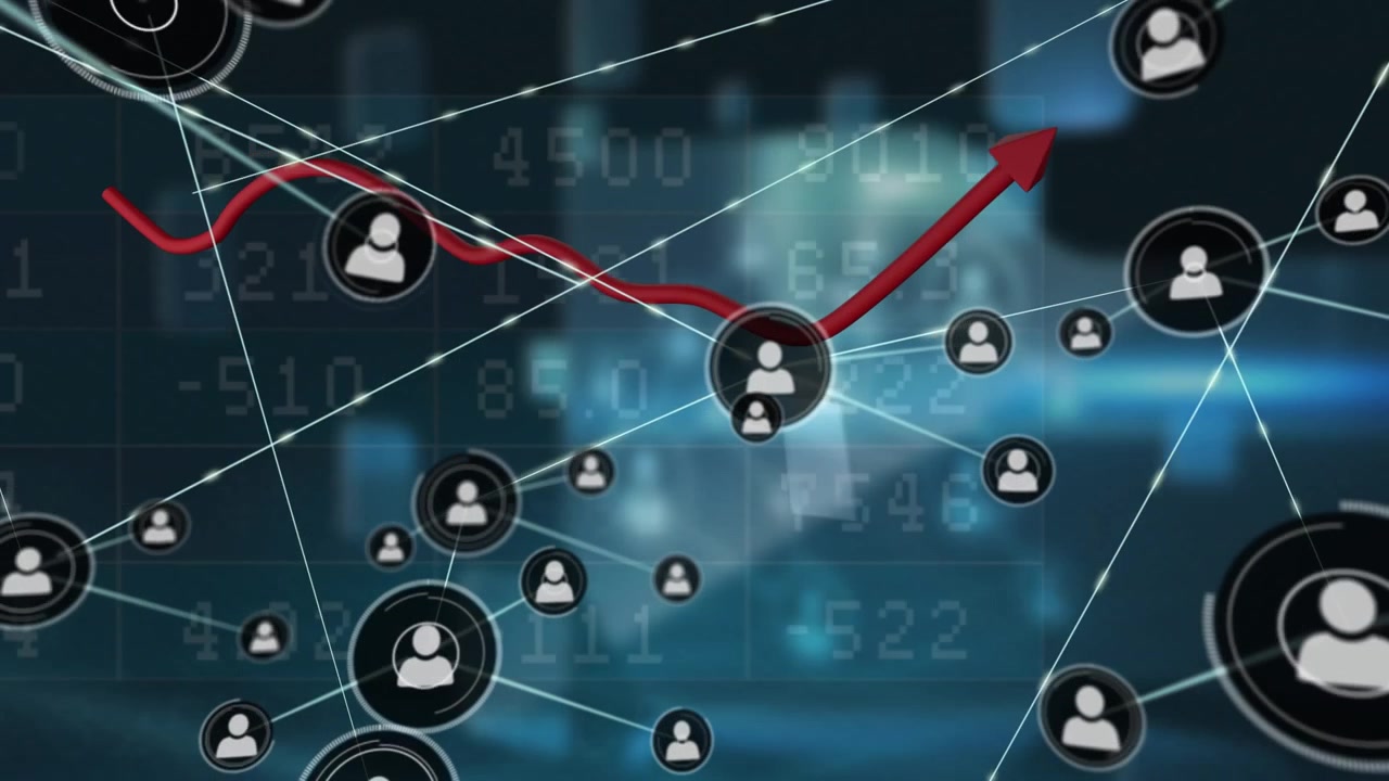 Animation of network of profile icons and statistical data processing against blue background