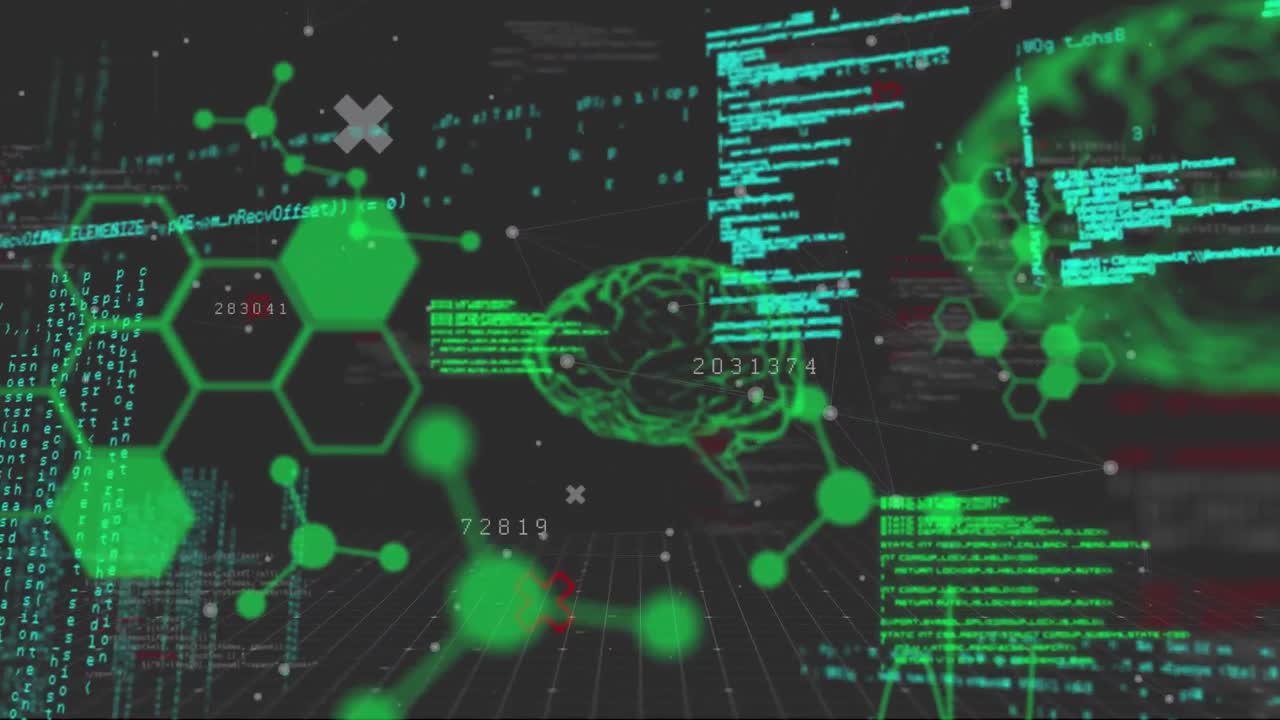 animación del procesamiento de datos sobre estructuras químicas y cerebros.