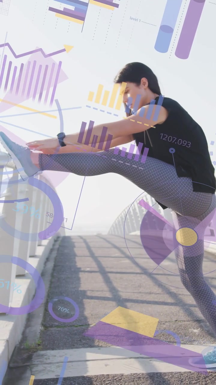 Video verticale: Donna che si ferma, usando il parapetto di un ponte per allungare i muscoli posteriori della coscia, con grafici che si sovrappongono al fitness