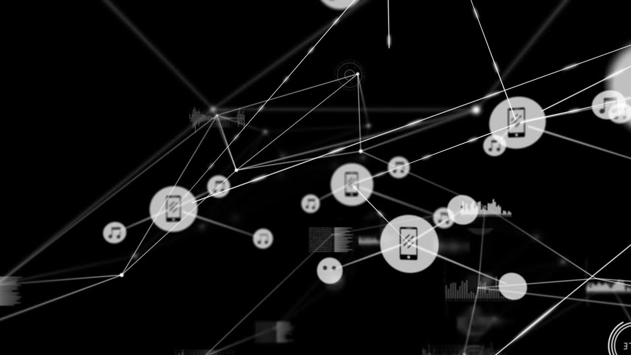 animación de redes de conexiones con iconos en fondo negro