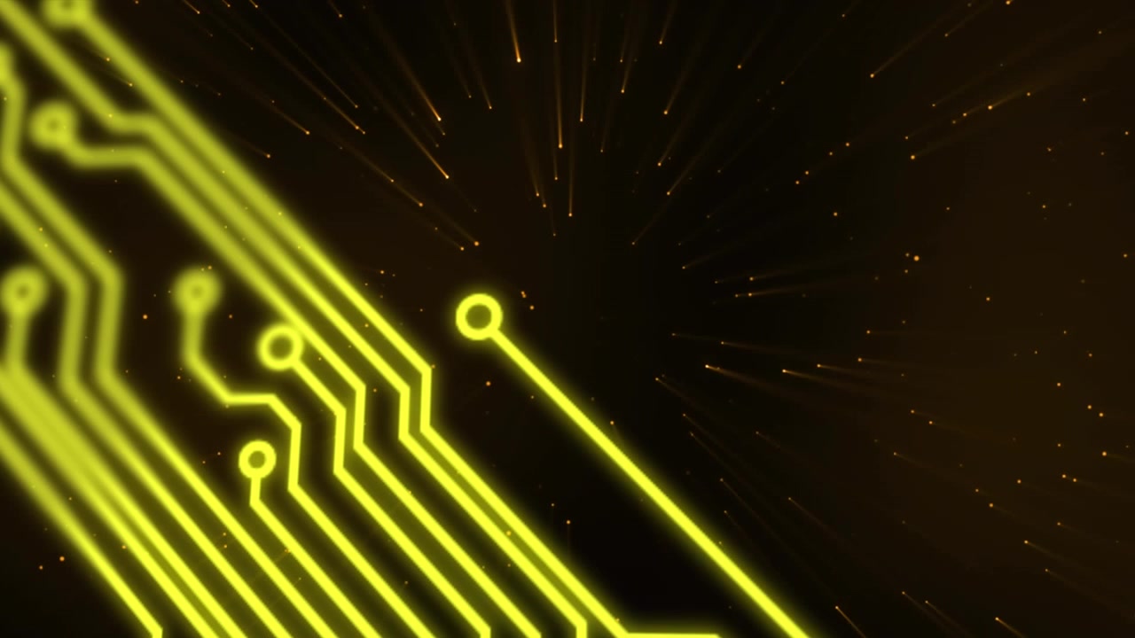 Animation of glowing yellow printed circuit on cosmos background