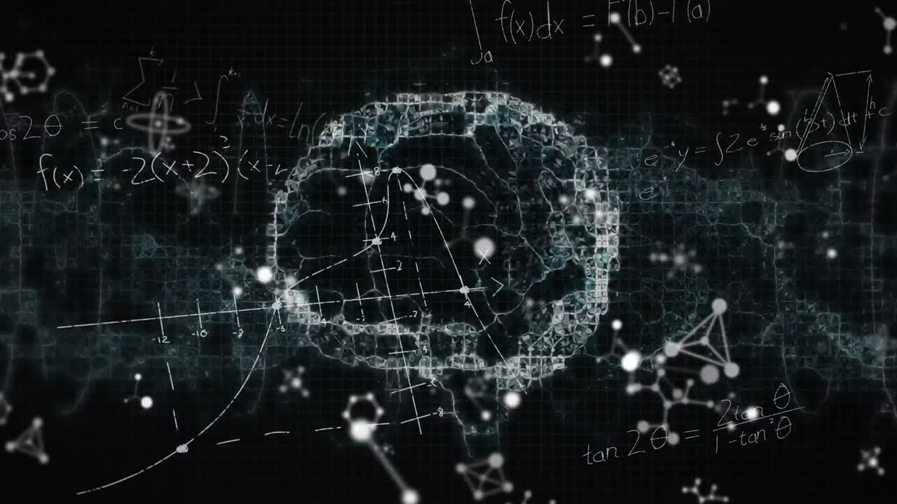 Animation of mathematical equations and molecular structures over spinning human brain icon