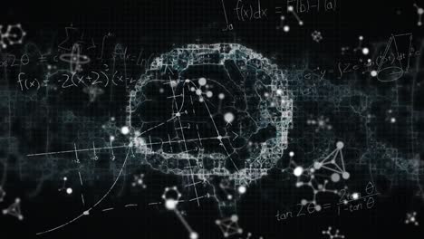 animation of mathematical equations and molecular structures over spinning human brain icon